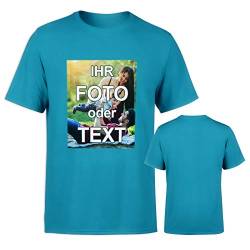 T-Shirt vollfarbig EINSEITIG Bedruckt mit eigenem Foto Text Logo Name selbst gestalten * ringgesponnene Baumwolle * digitaler Direktdruck, Farbe:Aqua Blau, Größe:M von PixiPrints.com