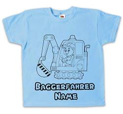 Kinder T-Shirt Baggerfahrer Bagger blau Bedruckt mit Wunschname Geschenk für Jungen und Mädchen (128 blau) von Pixkids