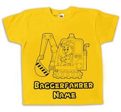 Kinder T-Shirt Baggerfahrer Bagger gelb Bedruckt mit Wunschname Geschenk für Jungen und Mädchen (104) von Pixkids