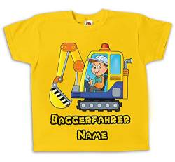 Kinder T-Shirt Baggerfahrer Bagger weiß farbig Bedruckt mit Wunschname Geschenk für Jungen und Mädchen (98) von Pixkids