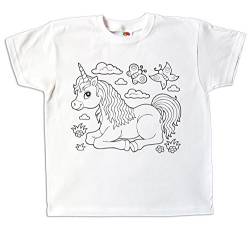 Kinder T-Shirt Einhorn für Mädchen zum bemalen und ausmalen mit Vordruck zum Kindergeburtstag kreatives Spiel und Geschenk (104) Weiß von Pixkids