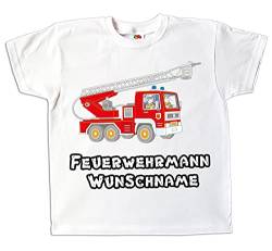 Kinder T-Shirt Feuerwehr Feuerwehrmann weiß farbig Bedruckt mit Wunschname Geschenk für Jungen und Mädchen (weiß, 128) von Pixkids