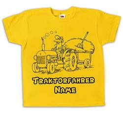 Kinder T-Shirt Traktor Traktorfahrer gelb Bedruckt mit Wunschname Geschenk für Jungen und Mädchen (104 blau) von Pixkids