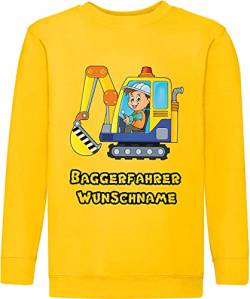 Pixkids Kinder Pullover Sweatshirt Baggerfahrer Bagger weiß oder gelb farbig Bedruckt mit Wunschname Geschenk für Jungen und Mädchen (116, gelb) (TB-3) von Pixkids