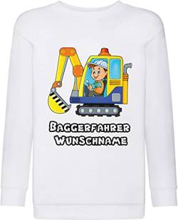 Pixkids Kinder Pullover Sweatshirt Baggerfahrer Bagger weiß oder gelb farbig Bedruckt mit Wunschname Geschenk für Jungen und Mädchen (116, weiß), (TB-3) von Pixkids