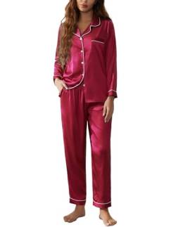 Pjmlifecoco Damen Satin Pyjama Langarm Weiche Seide Pjs Set Button Down Nachtwäsche Zweiteilige Loungewear S-XXL, Weinrot, S von Pjmlifecoco