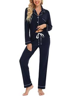 Pjmlifecoco Pyjama-Set, langärmelig, Damen, Button-Down-Nachtwäsche, zweiteilig, Nachtwäsche, weiche Pyjama-Lounge-Sets, S-XXL, Marineblau, S von Pjmlifecoco