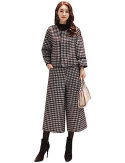 Pkrboro Damen Hahnentritt Zweiteiliger Anzug für Heimkehr Einkaufen U-Ausschnitt Jacke Weites Bein Hose von Pkrboro