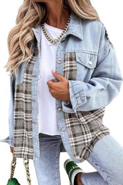 Damen Button Down Denim Jacken für Frauen Mode Langarm Plaid Shacket Jacke, seeblau, 38 von Placitiume