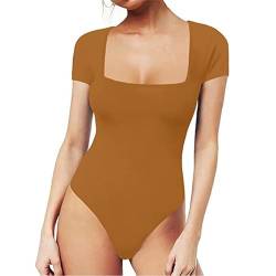 Placitiume Damen Body mit quadratischem Ausschnitt, kurzärmelig, Basic-Shirt, caramel, 42 von Placitiume