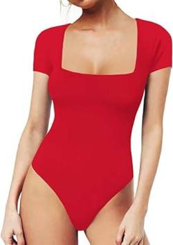 Placitiume Damen Body mit quadratischem Ausschnitt, kurzärmelig, Basic-Shirt, rot, 42 von Placitiume