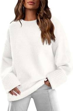 Placitiume Damen Oversized Sweater 2023 Casual Crewneck Langarm Fuzzy Knit Warm Pullover Sweater Tops, Aa-weiß, S von Placitiume