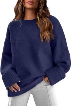 Placitiume Damen Oversized Sweater 2023 Casual Crewneck Langarm Fuzzy Knit Warm Pullover Sweater Tops, E-Marine-Blau, S von Placitiume