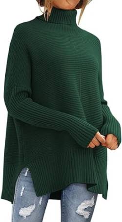 Placitiume Damen Pullover mit Fledermausärmeln und Rollkragen, gerippt, Tunika, Herbstpullover, grün, XL von Placitiume