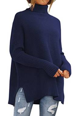 Placitiume Damen Pullover mit Fledermausärmeln und Rollkragen, gerippt, Tunika, Herbstpullover, marineblau, XL von Placitiume
