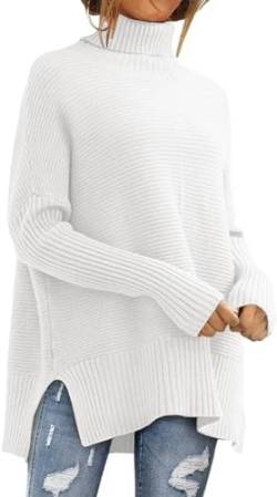 Placitiume Damen Pullover mit Fledermausärmeln und Rollkragen, gerippt, Tunika, Herbstpullover, weiß, XL von Placitiume
