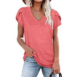 Placitiume Damen-Tops mit V-Ausschnitt, Sommerblütenärmel, lässiges T-Shirt für Damen, rose, X-Large von Placitiume