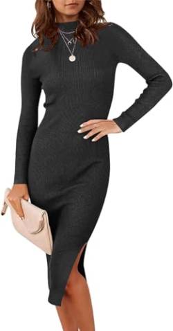 Placitiume Frauen 2023 Herbst Langarm Pullover Kleid Slim Fit Rippstrick Seitenschlitz Midi Pullover Kleid Rollkragen, Schwarz , L von Placitiume