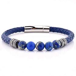 Planetys - Naturstein Blauer imperialer Jaspis Perlen Armband Blau geflochtenes Leder aus 316L Edelstahl von Planetys
