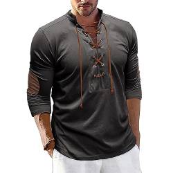 Plilima Henley Shirt Herren Mittelalter Hemd Stehkragenhemd Schnürhemd Hemden Freizeithemden Langarm T-Shirt von Plilima