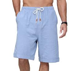 Plilima Leinenhose Herren Kurz -Herren Kurze Hosen Sommer Beach Leinen Shorts Casual mit 4 Taschen Hellblau 4XL von Plilima