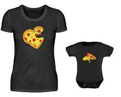 Mutter Baby Partnerlook T-Shirt Und Babybody Strampler Pizza Und Pizzastück Mama Sohn Tochter Partneroutfit (Schwarz) von PlimPlom