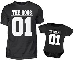 Papa Baby Partnerlook Set - The Boss The Real Boss - Vater Baby Partnerlook Set - Papa Geschenk - Papa TShirt Und Baby Body Kurzarm von PlimPlom