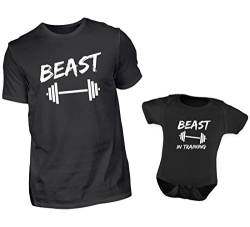 Vater Baby Partnerlook Set Mit Lustigen Bodybuilding Spruch T-Shirt Und Baby Body Kurzarm Strampler Für Den Sohn Oder Tochter Beast Und Beast In Training von PlimPlom