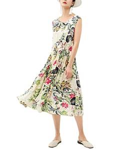 Plusl Damen Ärmellose Baumwolle Kleid - Blumen Bohemian A Linie Midikleid Lässiges Rundhalsausschnitt Cocktailkleid mit Taschen von Plusl