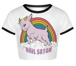 Plustrong Y2K Damen-T-Shirt, kurzärmelig, Gothic, Halloween, schmal, bauchfrei, Regenbogen Einhorn 005, Groß von Plustrong