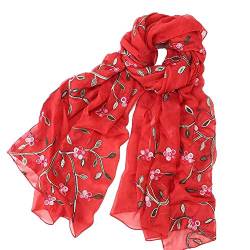 Pluto & Fox Damen Foulard bestickt mit Blumen Seidenschal Elegantes Retro-Design Schal Halsstola (Rot) von Pluto & Fox