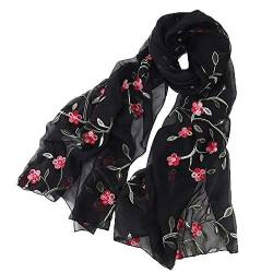 Pluto & Fox Damen Foulard bestickt mit Blumen Seidenschal Elegantes Retro-Design Schal Halsstola (Schwarz) von Pluto & Fox