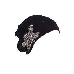 Velvet Beanie Cap mit Blume Glatte Farbe Turban für Frau Kopf für Krebs Chemo Onkologische Chemo Night Hair Loss Hair (Schwarz) von Pluto & Fox