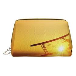 Kleine Kosmetiktasche aus Leder, für Geldbörse, Reisen, Make-up-Tasche, tragbar, vielseitig, mit Reißverschluss, Blaugrün, Flugzeug bei Sonnenuntergang, Einheitsgröße, Kosmetikkoffer von Pmnnerefaq