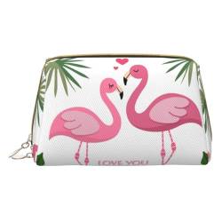 Kleine Kosmetiktasche aus Leder für den Sommerurlaub, Make-up-Tasche für Geldbörse, Reise-Make-up-Tasche, tragbar, vielseitig, mit Reißverschluss für Damen, Palmblatt und Flamingos Paar, von Pmnnerefaq