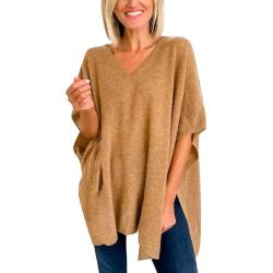 Damen-Pullover, einfarbig, V-Ausschnitt, Streifenstrick, modisch, Poncho, Cape, V-Ausschnitt, lockerer Pullover Pullunder Strick (Khaki, S) von Poamen