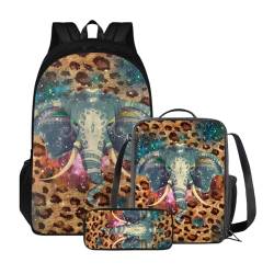 Poceacles 3-teiliges Rucksack-Set für Kinder, Schultaschen-Set mit Lunchtasche, Federmäppchen, Schüler, Büchertaschen, Mädchen und Jungen, leichter Rucksack, Leoparden-Elefant von Poceacles