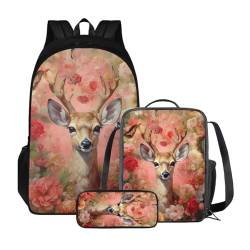 Poceacles 3-teiliges Rucksack-Set für Kinder, Schultaschen-Set mit Lunchtasche, Federmäppchen, Schüler, Büchertaschen, Mädchen und Jungen, leichter Rucksack, Pfingstrosen, Hirsch von Poceacles