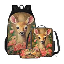 Poceacles 3-teiliges Rucksack-Set für Kinder, Schultaschen-Set mit Lunchtasche, Federmäppchen, Schüler, Büchertaschen, Mädchen und Jungen, leichter Rucksack, Rosen, Hirsch von Poceacles