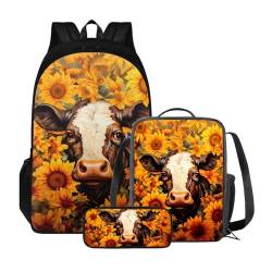 Poceacles 3-teiliges Rucksack-Set für Kinder, Schultaschen-Set mit Lunchtasche, Federmäppchen, Schüler, Büchertaschen, Mädchen und Jungen, leichter Rucksack, Sonnenblumenkuh von Poceacles