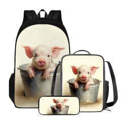 Poceacles 3-teiliges Rucksack-Set für Kinder, Schultaschen-Set mit Lunchtasche, Federmäppchen, Schüler, Büchertaschen, Mädchen und Jungen, leichter Rucksack, Tierschwein von Poceacles