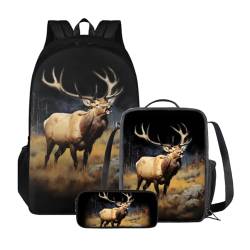 Poceacles 3-teiliges Rucksack-Set für Kinder, Schultaschen-Set mit Lunchtasche, Federmäppchen, Schüler, Büchertaschen, Mädchen und Jungen, leichter Rucksack, Wild Deer von Poceacles