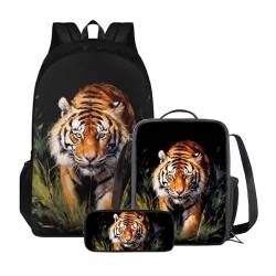 Poceacles 3-teiliges Rucksack-Set für Kinder, Schultaschen-Set mit Lunchtasche, Federmäppchen, Schüler, Büchertaschen, Mädchen und Jungen, leichter Rucksack, Wilder Tiger von Poceacles