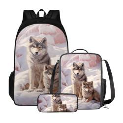 Poceacles 3-teiliges Rucksack-Set für Kinder, Schultaschen-Set mit Lunchtasche, Federmäppchen, Schüler, Büchertaschen, Mädchen und Jungen, leichter Rucksack, Winterwolf von Poceacles