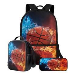 Poceacles Büchertasche für Jungen 10–12, Schulrucksack für Kinder, 3-teilig, Büchertasche mit Federmäppchen, 43,2 cm (17 Zoll), leichter Laptop-Rucksack, Basketball-Feuer, Einheitsgröße von Poceacles