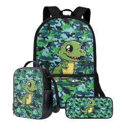 Poceacles Büchertasche für Jungen 10–12, Schulrucksack für Kinder, 3-teilig, Büchertasche mit Federmäppchen, 43,2 cm (17 Zoll), leichter Laptop-Rucksack, Camouflage-Dinosaurier, Einheitsgröße von Poceacles
