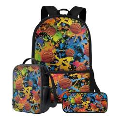Poceacles Büchertasche für Jungen 10–12, Schulrucksack für Kinder, 3-teilig, Büchertasche mit Federmäppchen, 43,2 cm (17 Zoll), leichter Laptop-Rucksack, Farbspritzer, Basketball, Einheitsgröße von Poceacles