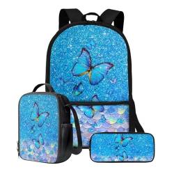Poceacles Büchertasche für Jungen 10–12, Schulrucksack für Kinder, 3-teilig, Büchertasche mit Federmäppchen, 43,2 cm (17 Zoll), leichter Laptop-Rucksack, Glitzernde Schmetterlingsfischschuppe, von Poceacles
