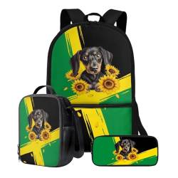 Poceacles Büchertasche für Jungen 10–12, Schulrucksack für Kinder, 3-teilig, Büchertasche mit Federmäppchen, 43,2 cm (17 Zoll), leichter Laptop-Rucksack, Jamaika-Flagge, Dackel-Hund, Einheitsgröße von Poceacles