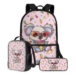Poceacles Büchertasche für Jungen 10–12, Schulrucksack für Kinder, 3-teilig, Büchertasche mit Federmäppchen, 43,2 cm (17 Zoll), leichter Laptop-Rucksack, Koala-Eis, Einheitsgröße von Poceacles
